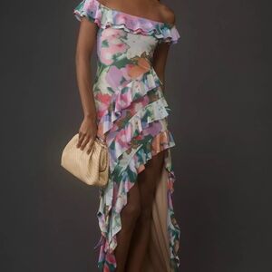 AFRM Off-The-Shoulder Ruffle Mesh Midi Dress
